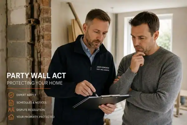 Party wall surveyor Nottinghamshire discussing extension plans with homeowner outside a UK semi-detached house.